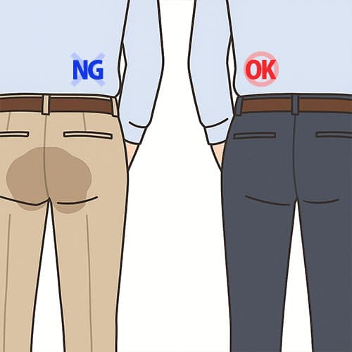ベージュズボンとネイビーズボンを並べた比較イラスト。お尻部分の汗染みがベージュでは目立ちネイビーでは目立たない例