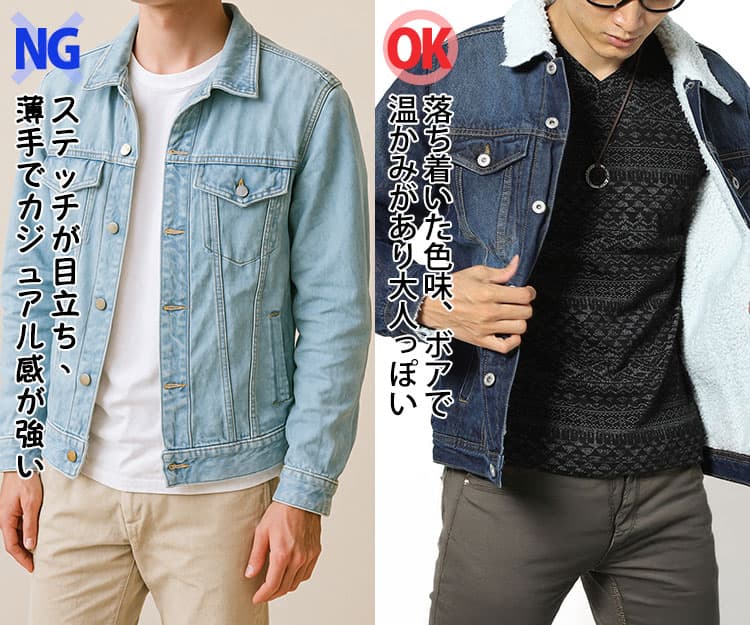 メンズジージャンのステッチが目立ち、薄手でカジュアル感が強い画像と落ち着いた色味、ボアで温かみがあり大人っぽい画像の比較