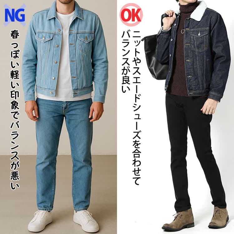 メンズジージャンの春っぽい軽い印象でバランスが悪いコーデとニットやスエードシューズを合わせてバランスが良いコーデの比較画像