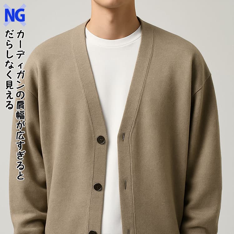 カーディガンの肩幅が広すぎるとだらしなく見える