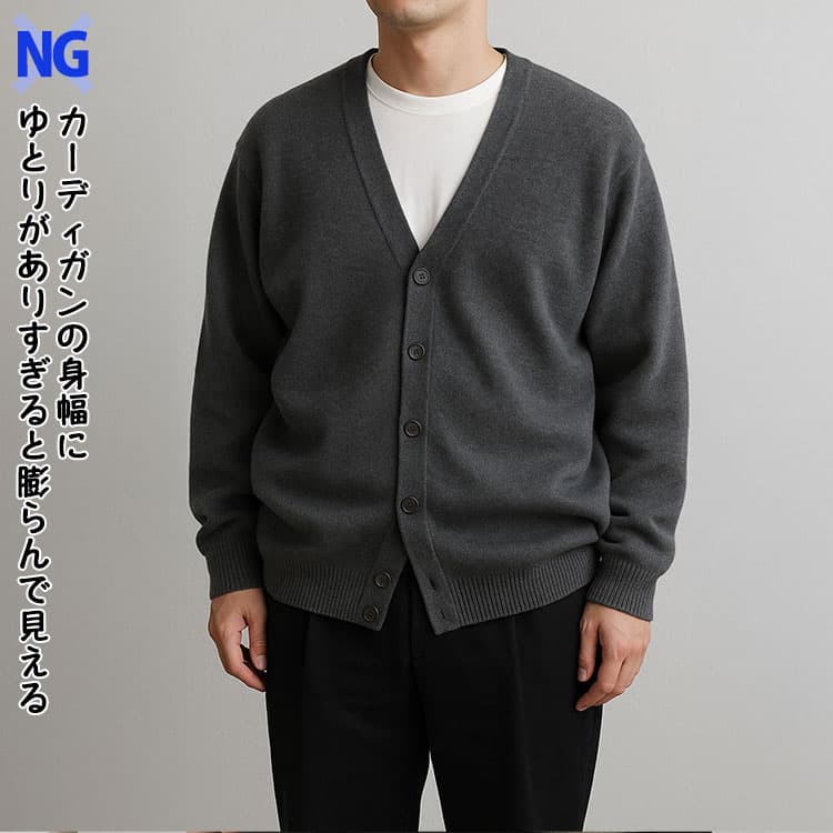 カーディガンの身幅にゆとりがありすぎると膨らんで見える