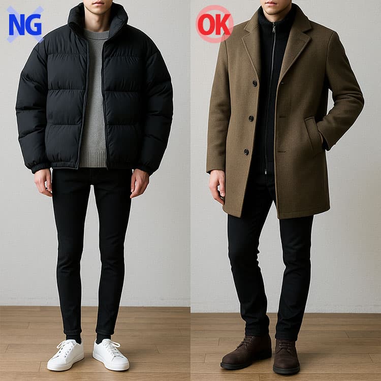 全体のシルエットが悪いスキニーコーデとシルエットが整ったスキニーコーデの比較