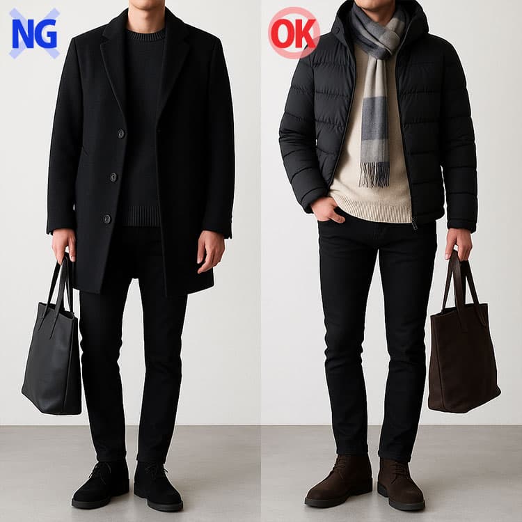 地味で重たく見えるスキニーコーデと明るい色を取り入れたスキニーコーデの比較