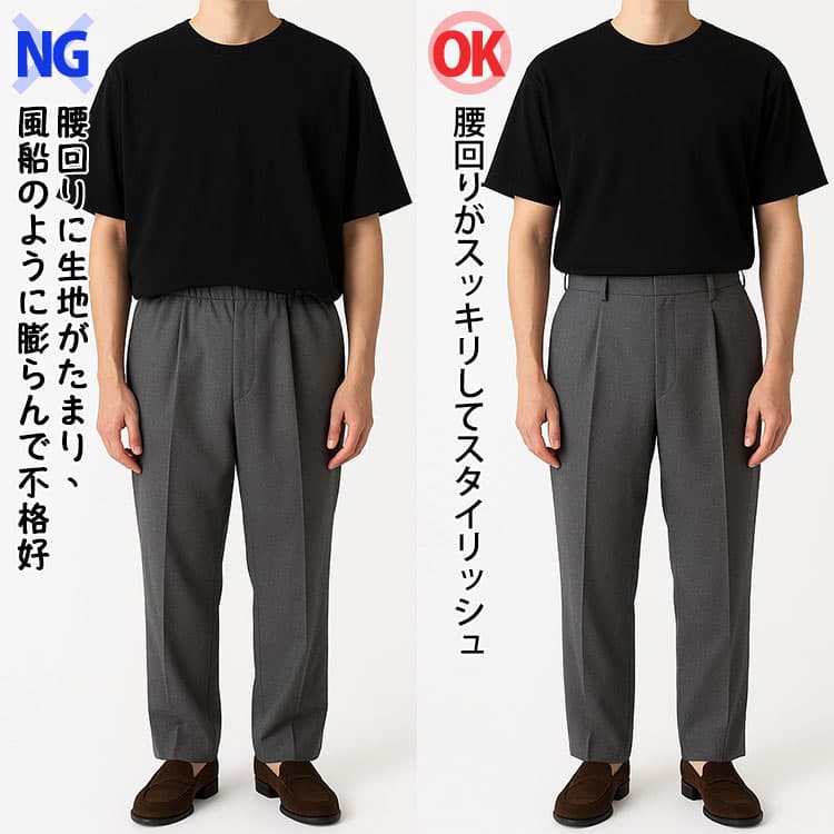 タックインして腰回りに生地がたまり不格好な画像と腰回りがスッキリしてスタイリッシュな画像の比較