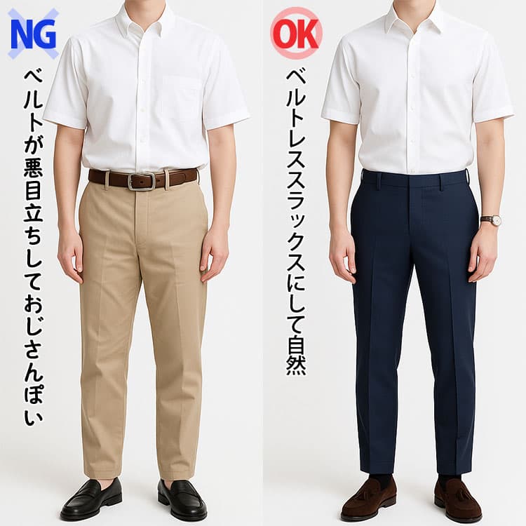 タックインしてベルトが悪目立ちしておじさんぽい画像とベルトレススラックスにして自然な画像の比較