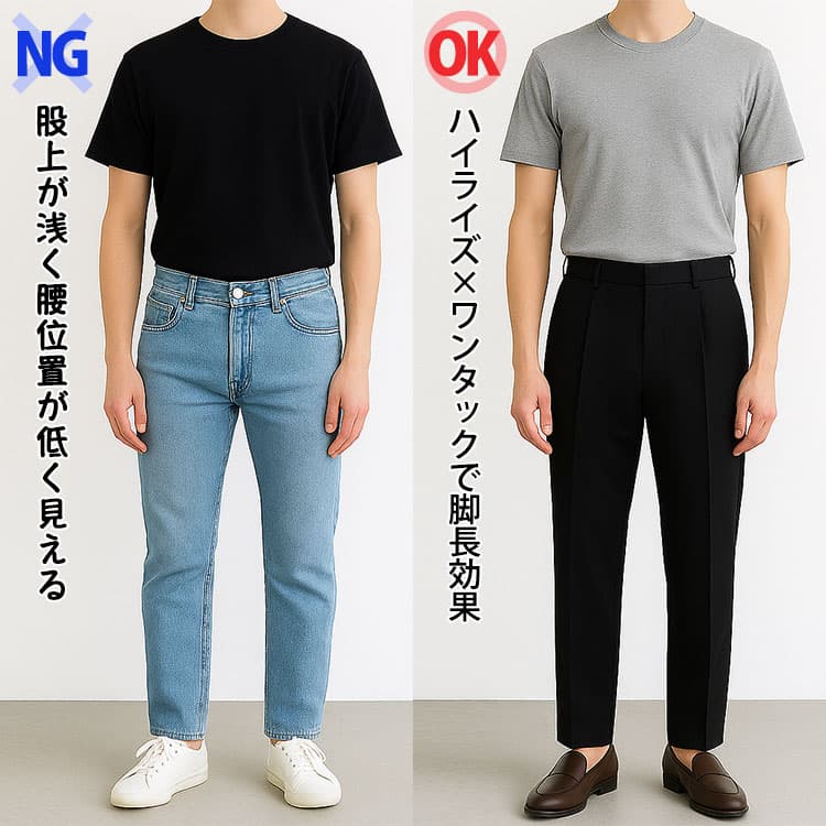 タックインして股上が浅く腰位置が低く見える画像とハイライズ×ワンタックで脚長効果の画像の比較