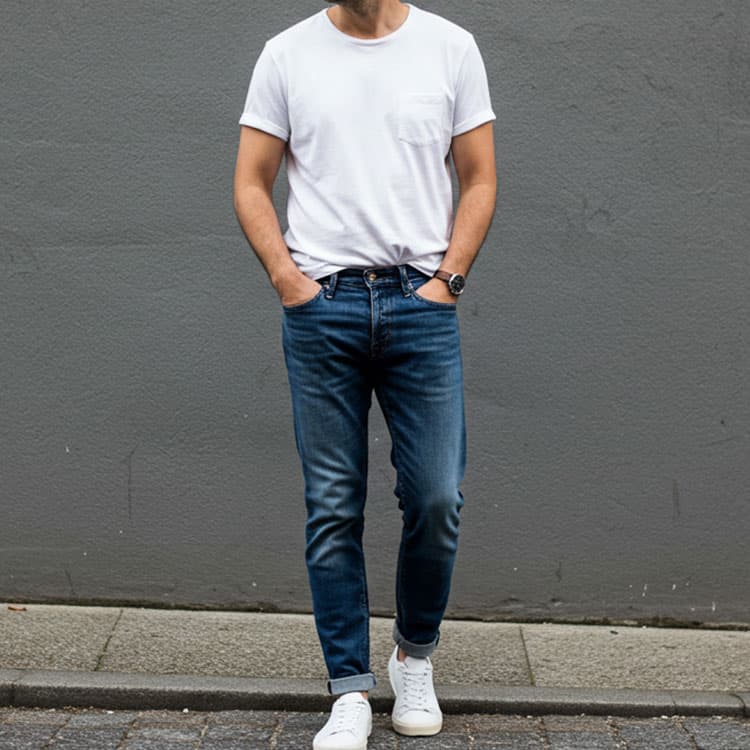 メンズのTシャツフロントイン×デニム×スニーカーの王道の休日スタイル。