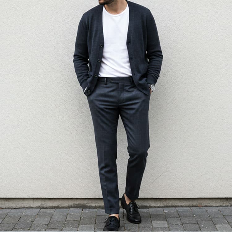 カーディガン×白Tシャツタックイン×スラックスの大人っぽいコーデ