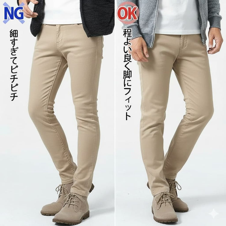 ピチピチのチノパンと程よいスリムフィットのチノパンの比較