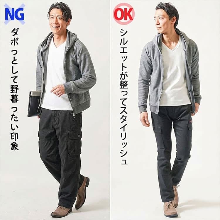 大きいカーゴパンツとシルエットがきれいなカーゴパンツを比較したコーデ例