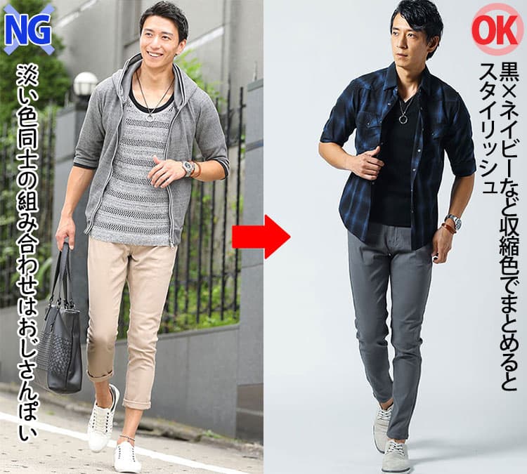 カジュアルすぎて幼く見えるベージュパンツの40代男性と、ネイビーシャツとグレーパンツで大人っぽく引き締めたコーデの比較