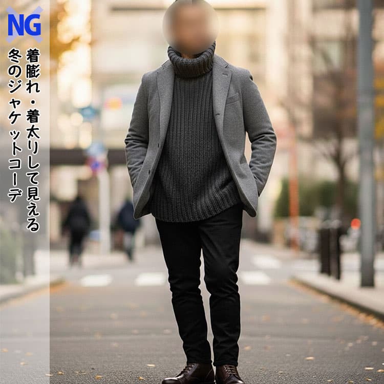 着膨れ・着太りして見えるインナーにタートルネックを着た冬のテーラードジャケットコーデ例