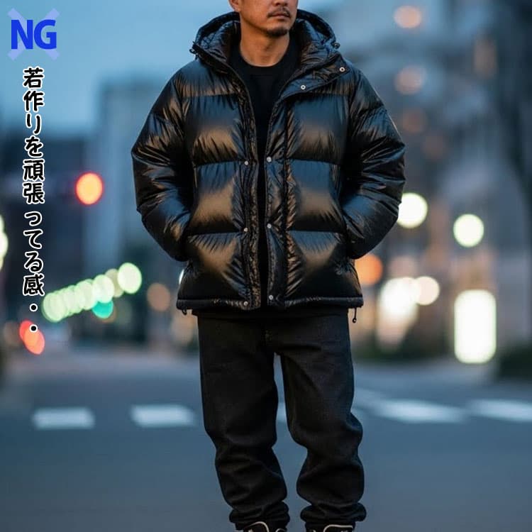 テカリのあるダボっとした黒ダウンジャケットのコーデ例