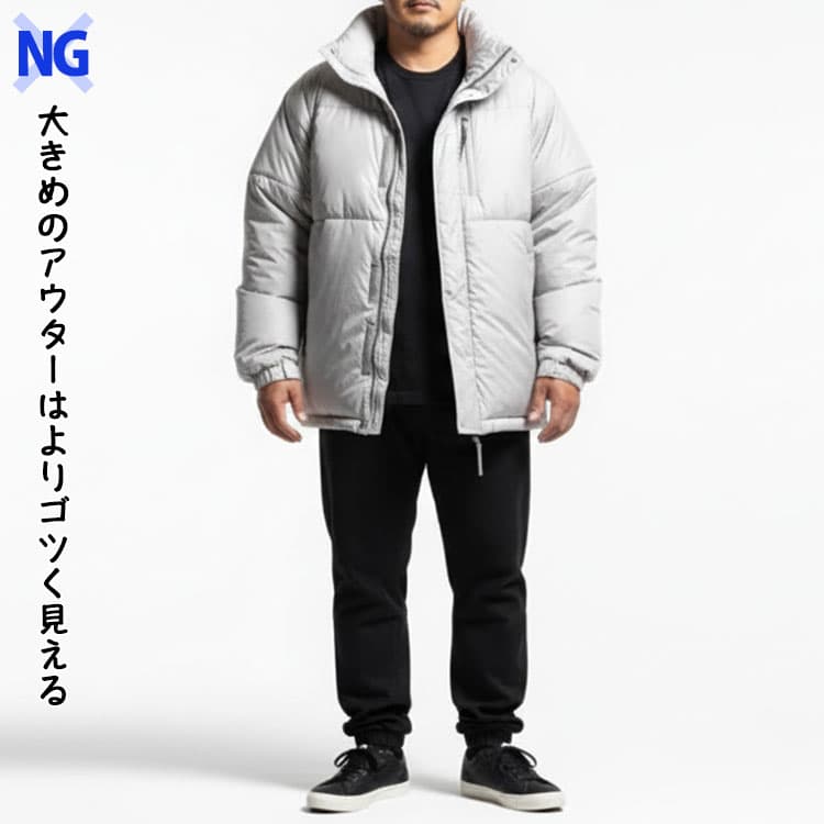 大きめの冬アウターを着たがたいがいい男性のコーデ