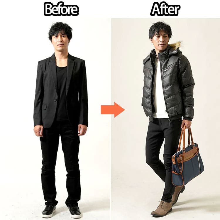 50代メンズが着てはいけない服装をした男性と明るい色を取り入れたおしゃれな男性のファッション比較