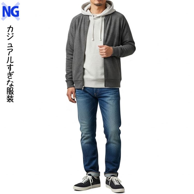 カジュアル過ぎる忘年会NGコーデ例