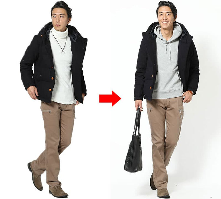 低身長 コーデ メンズ 冬　バッグ　着こなし