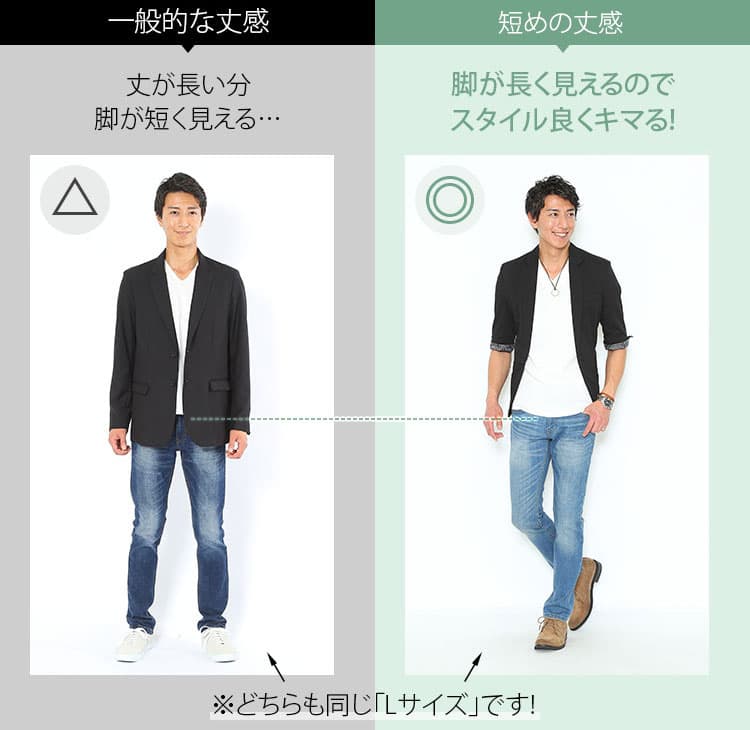 一般的な着丈のジャケットと着丈が短めでおしゃれなサマージャケットの比較