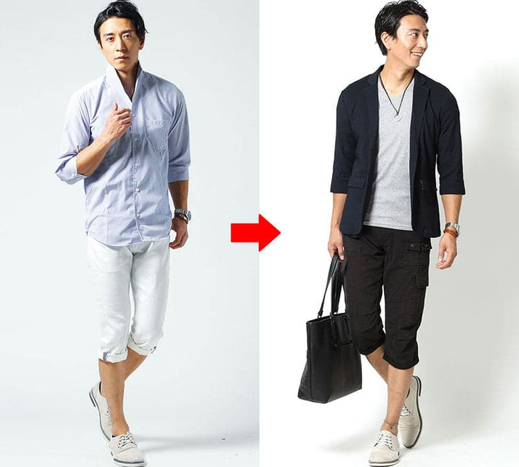 30代 ファッション メンズ 夏 ぽっちゃり 着こなし 収縮色