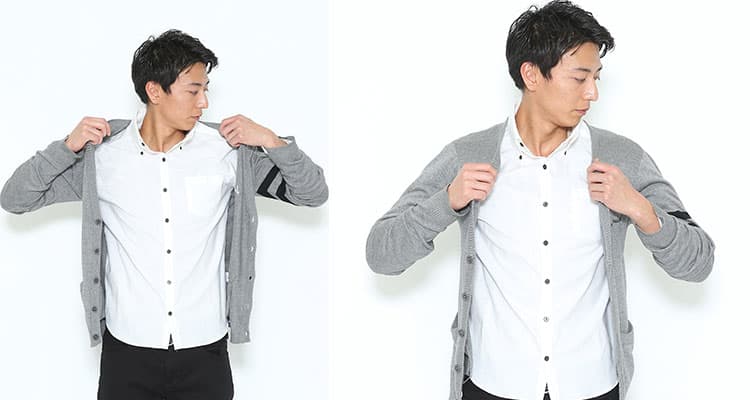 カーディガンの正しい着方②カーディガンを肩に合わせ、しっかり着る