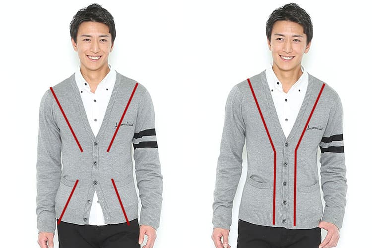 カーディガンの前を閉じて着るときは裾を少し開けてXラインを作る