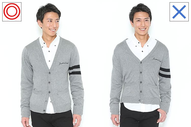 カーディガンを正しく着た例と正しく着られていない例の比較