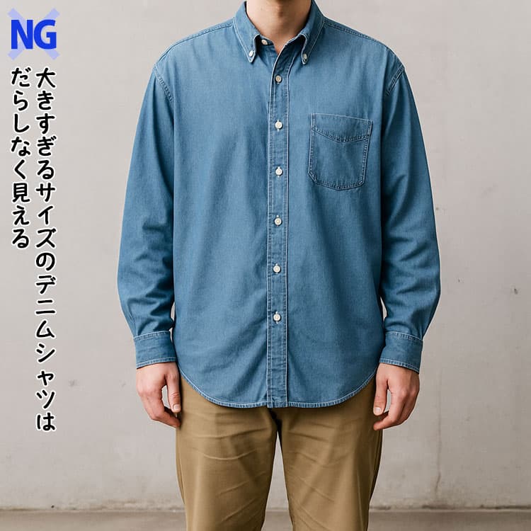 メンズのデニムシャツが体に合っていないコーデの例