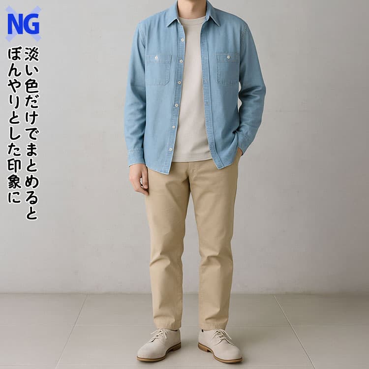 メンズのデニムシャツコーデで色がぼやけて見える例