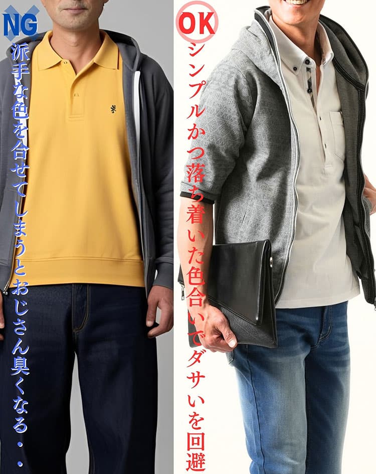 派手な色を使ったダサい重ね着コーデと落ち着いた色合いを使った重ね着コーデの比較