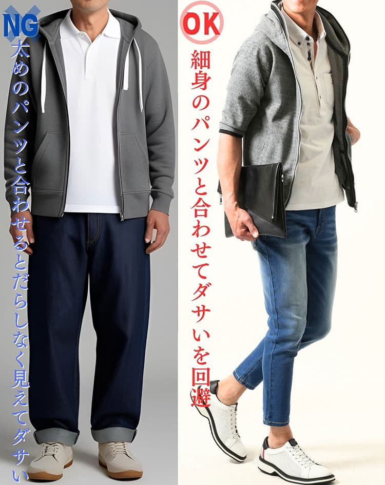 太めパンツと合わせたダサい重ね着コーデと細身パンツと合わせた重ね着コーデの比較