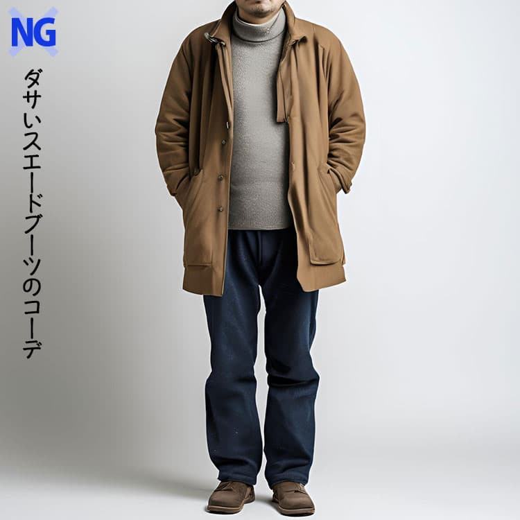 メンズのパンツが太く、色が重たすぎるスエードブーツコーデ