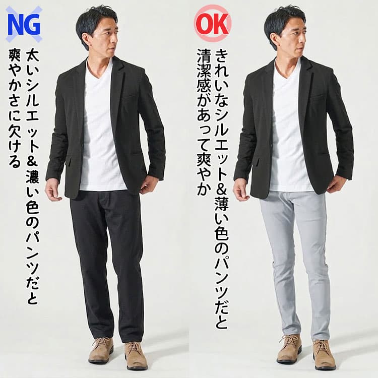 黒ジャケットに濃い色の太いパンツと薄い色の細身パンツを合わせた比較