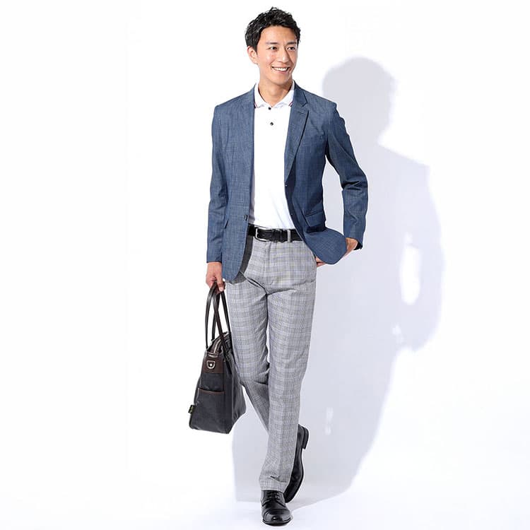 40代50代男性向けビジネスカジュアルコーデ、ポロシャツとジャケットを使ったオフィスコーデ例