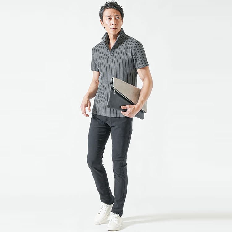 ストライプワイヤー入りイタリアンスタンドカラースキッパー半袖ポロシャツコーディネート