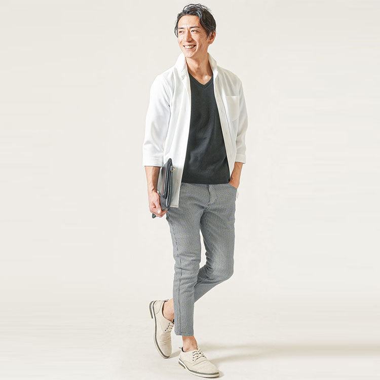 夏のちょいワルファッション立ち襟シャツコーデ