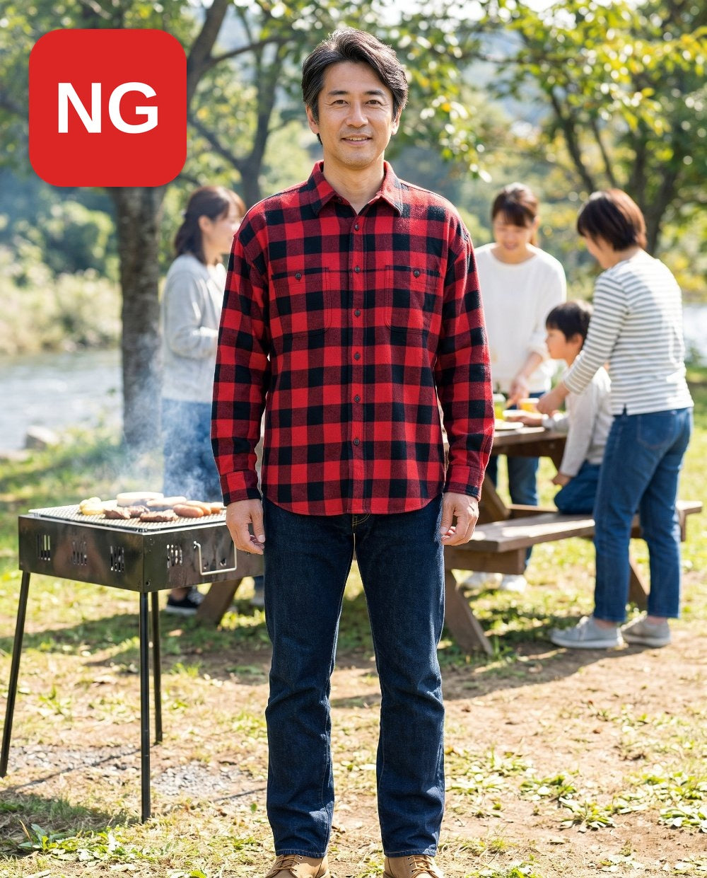 NG：大きめチェック柄のシャツで子供っぽく見える例