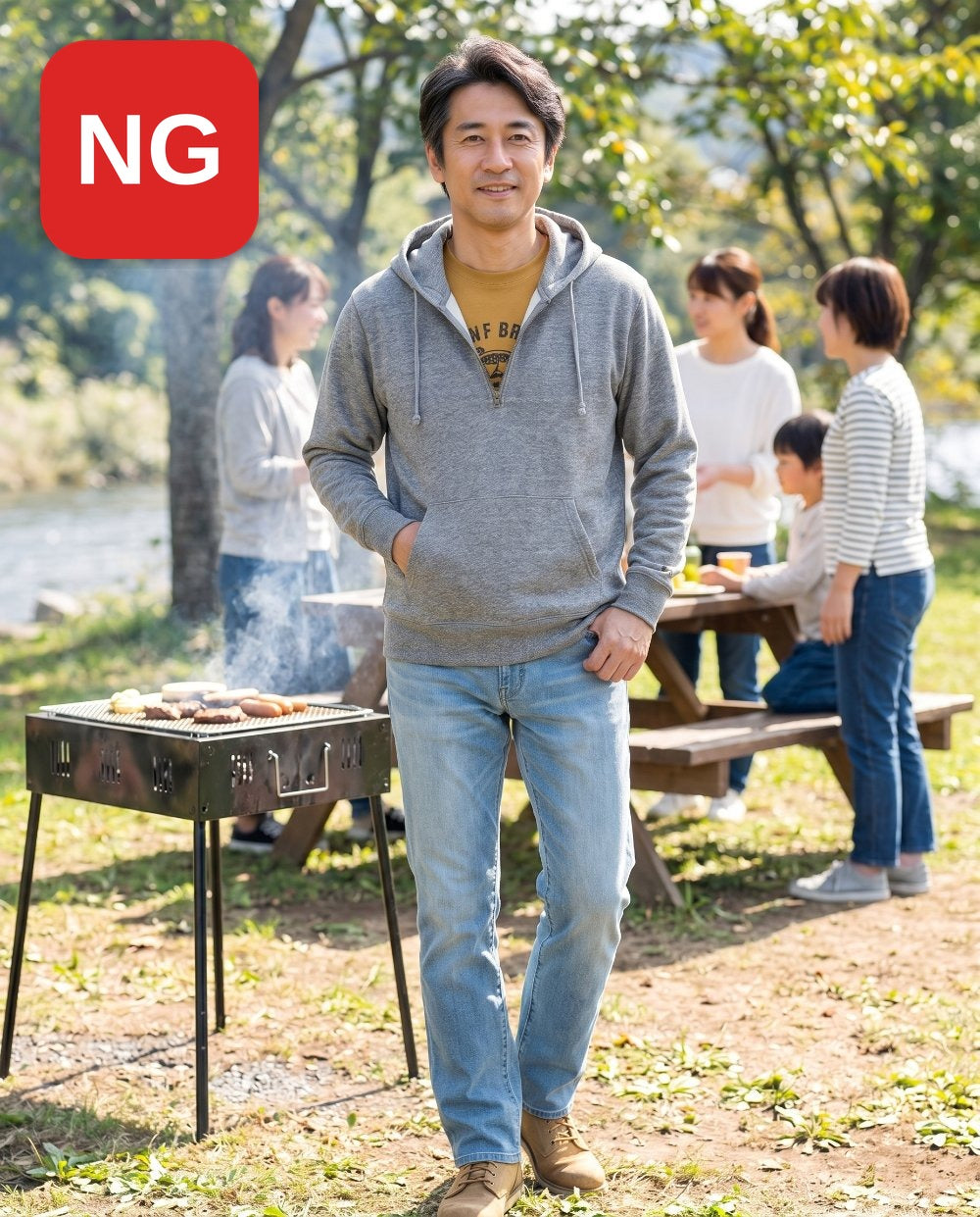 NG：パーカー×ジーンズで子供っぽく見える例