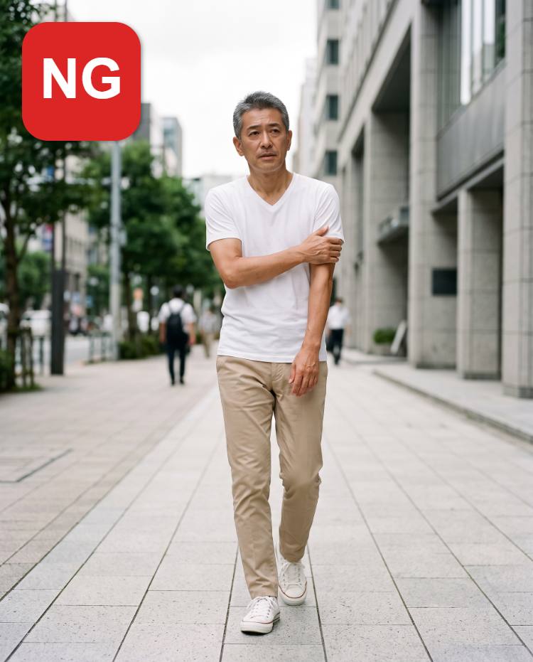 NG：上着なしのTシャツ1枚で出かけて肌寒さや冷房に頼りない印象になる例