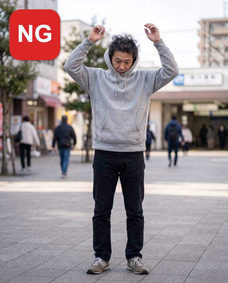 NG：かぶるタイプの厚手パーカーで脱ぎ着のたびに髪が乱れる例