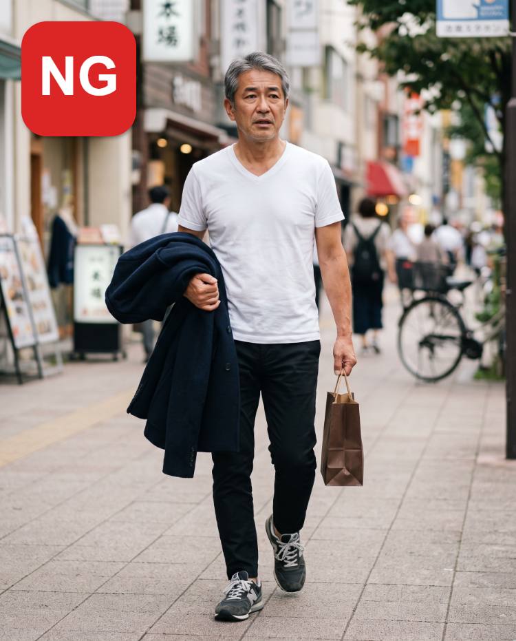 NG：厚手のジャケットを手に持って歩き置き場所に困る例