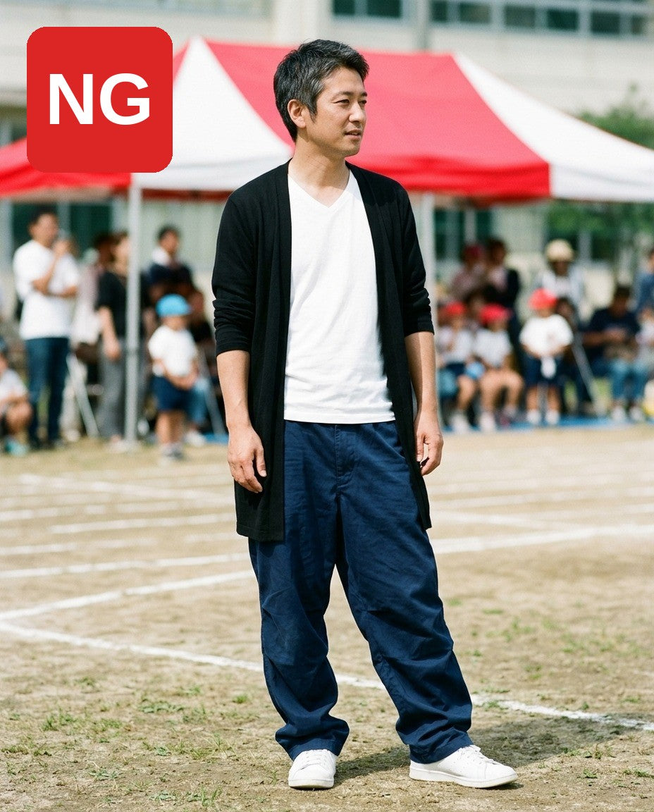 NG：ダボついて見えるパンツで動きやすさ重視、だらしなく見える