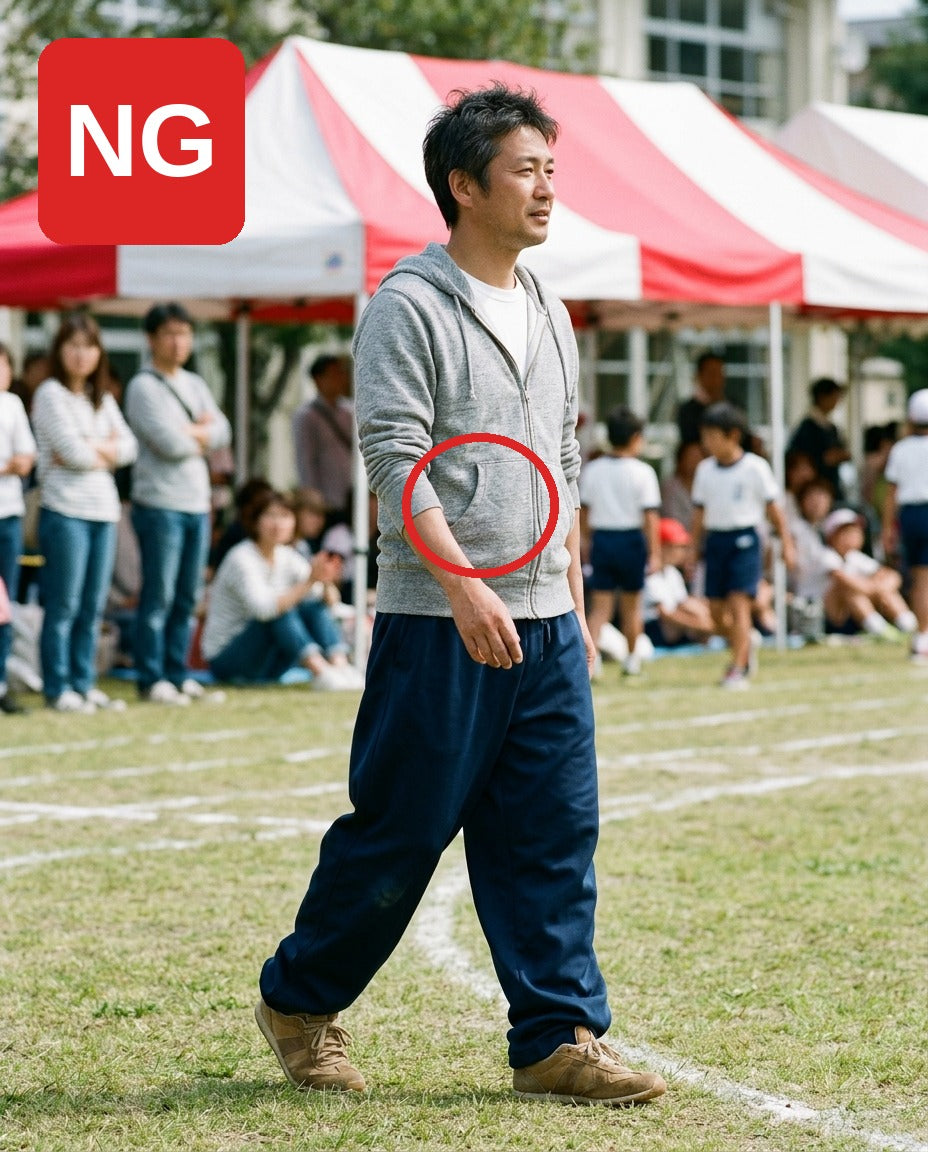 NG：カンガルーポケットのパーカーでおじさん臭く見える