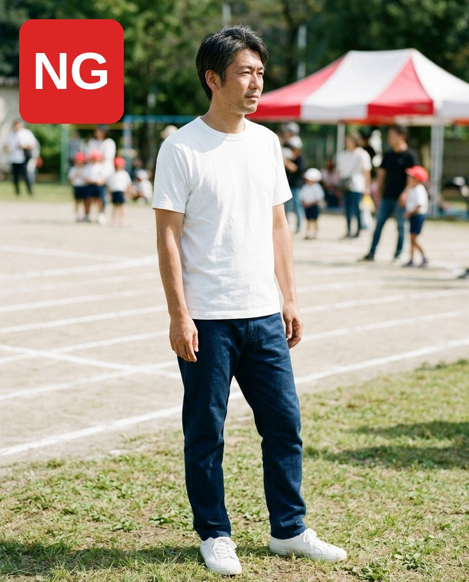 NG：Tシャツ1枚にジーンズ姿で手を抜いた印象になる