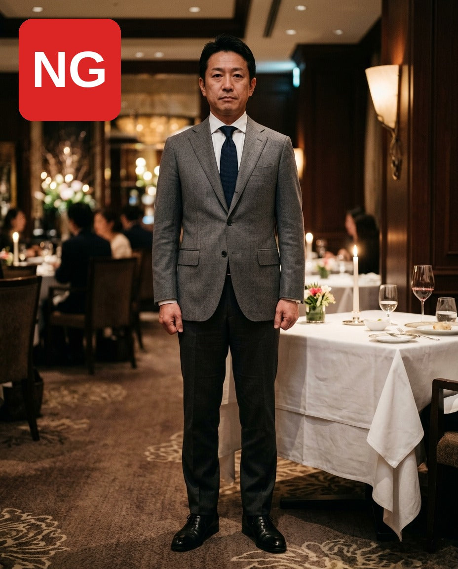 NG：ネクタイをきっちり締めて気合い入れすぎに見える
