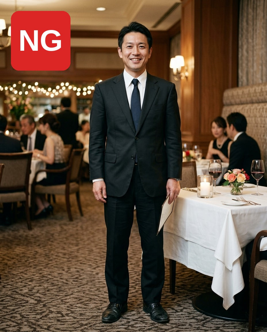 NG：黒無地のスーツで気合い入れすぎに見える