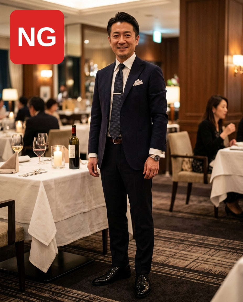 NG：小物を盛り込みすぎて気合い入れすぎに見える