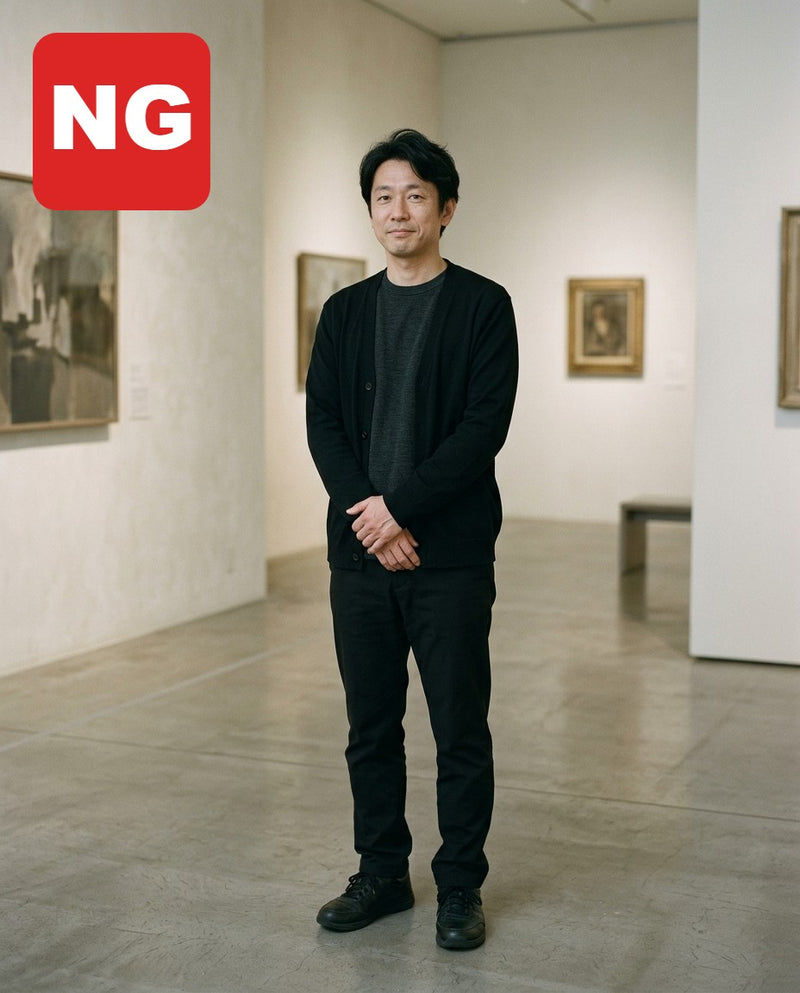 全身暗めの色だけでまとめてしまった美術館デートのNGコーデ