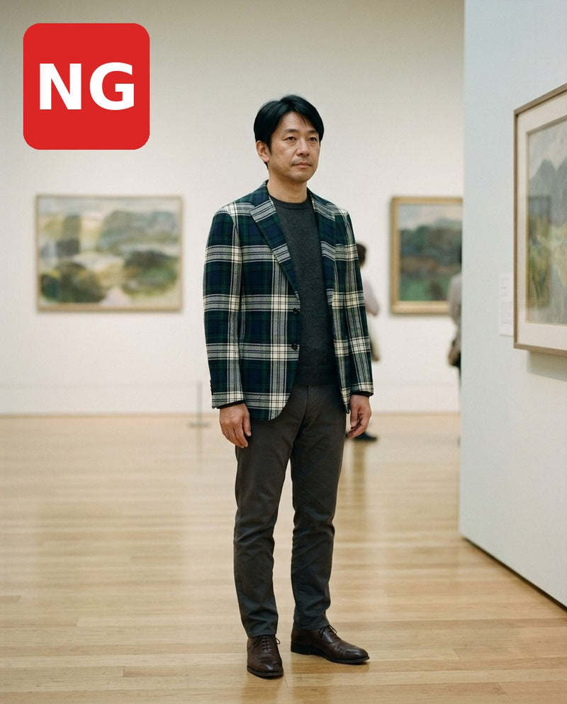 大きめチェック柄のジャケットが目立ちすぎる美術館デートのNGコーデ