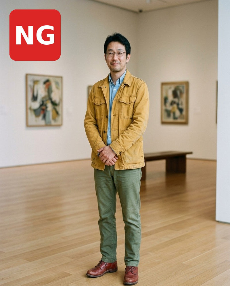 色を使いすぎてまとまりのない美術館デートのNGコーデ