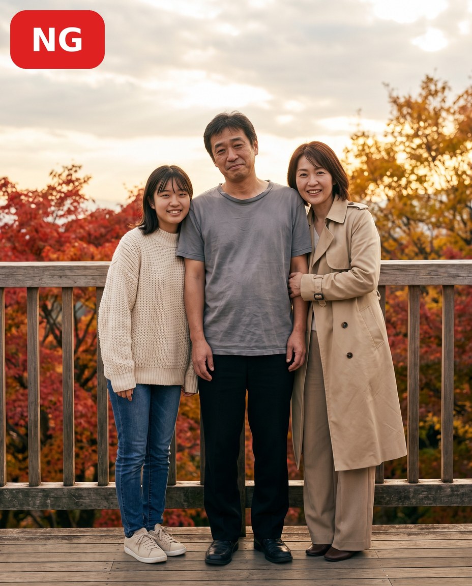 NG：ヨレヨレのTシャツを着た家族旅行コーデ